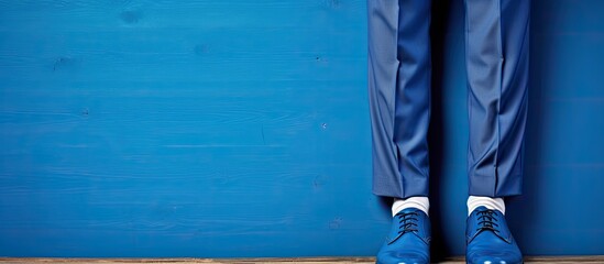 Aufkleber - Blue shoes and trousers symbolize comfort, with a vintage touch, in an image with blank space for text or designs. with copy space image. Place for adding text or design