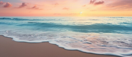 Poster - A breathtaking image of a serene beach at sunset with ocean waves, offering a peaceful paradise vibe and plenty of copy space image.
