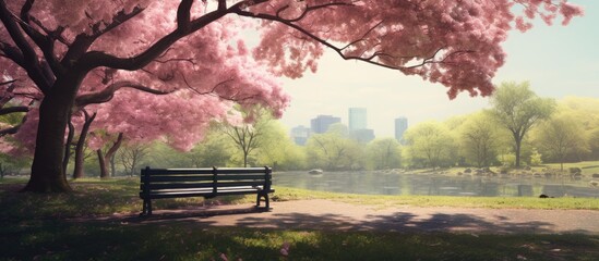 Wall Mural - Spring Park, a picturesque location with abundant greenery and tranquil vibes, perfect for relaxing strolls and picnics, providing a serene backdrop for photographs with copy space image.