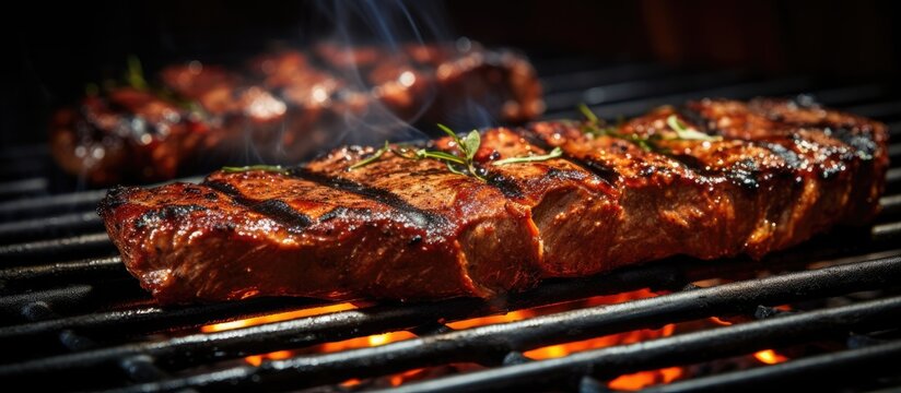 Grilled meat with a juicy texture and cooked evenly on the grill, providing an appetizing copy space image.