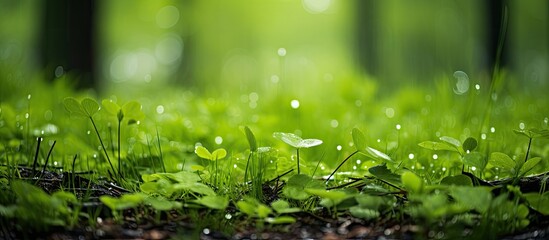 Poster - Luscious green grass and fresh leaves on trees glistening with rain droplets, creating a serene natural scene with copy space image potential.