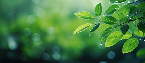 Aufkleber - Blurred green leaves, soft bokeh lights, and golden raindrops create a natural abstract background ideal for creative designs with copy space image.