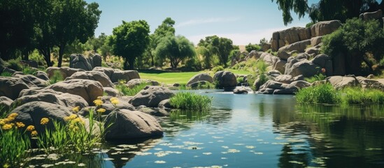 Poster - A park with a small freshwater lake surrounded by large rocks and lush green plants, creating a scenic view with copy space image.