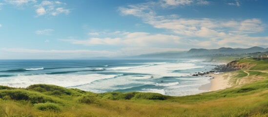 Poster - Panoramic view of beach from hilltop with landscape in copy space image.