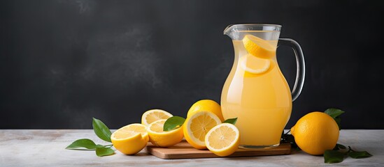 Aufkleber - A homemade pitcher of orange lemonade is displayed on a gray backdrop with a focused shot, creating a serene copy space image.