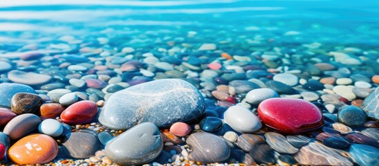Aufkleber - Vibrant saturated sea stones in a watery setting with copy space image.