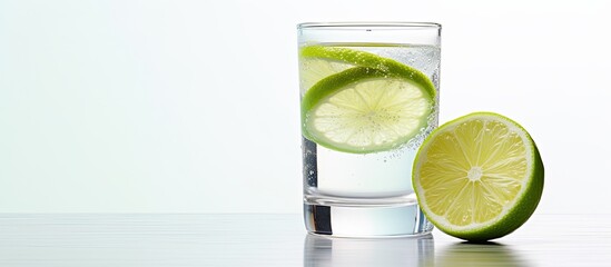Poster - Glass of water with fresh lime slice on white table with copy space image.