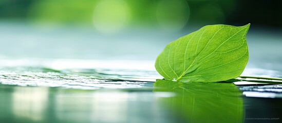 Poster - Macro image of a green leaf on water with copy space image.