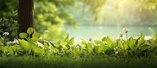 Leinwandbilder - Outdoors, a beautiful background with lush green leaves and grass provides a serene setting for a copy space image.