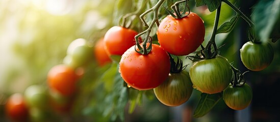 A closeup image displaying green, orange, and red tomatoes on a plant with ample copy space image.