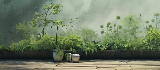 Poster - A garden setting with a backdrop of coriander, providing space for text or graphics. with copy space image. Place for adding text or design