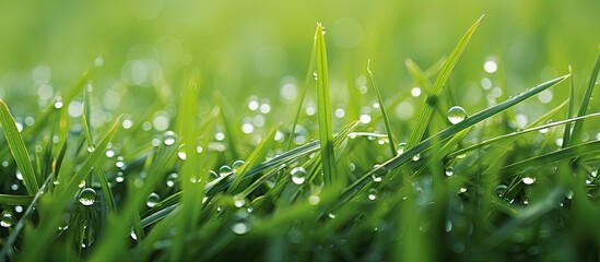 Aufkleber - Close-up macro image of raindrops on clean green grass with ample copy space image.