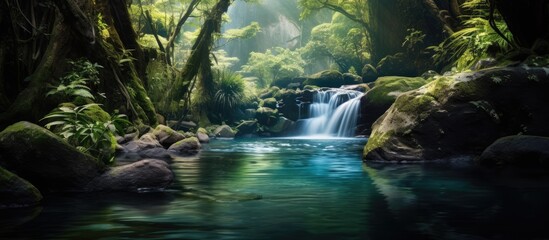 Leinwandbilder - Nature scene with a picturesque waterfall cascading into a serene rock pool, set in a lush forest with vivid greenery and a tranquil ambiance, ideal for a copy space image.