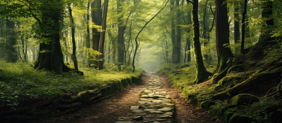Poster - The forest path is lined with dense foliage, providing a picturesque environment with abundant natural beauty and a tranquil ambiance perfect for a copy space image.