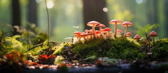 Poster - Fungi growing in the heart of the dense forest, with ample copy space image.