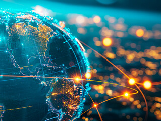 Poster - Glowing digital representation of Earth with network connections on a dark blue bokeh background, concept of global connectivity. Generative AI