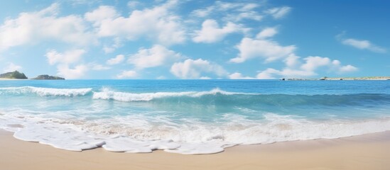 Poster - Beach with serene sea water meeting the shore, ideal for a relaxing day by the ocean, with copy space image.