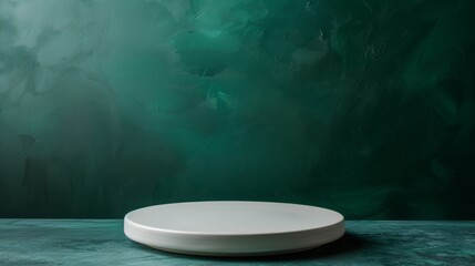Aufkleber - A white circular pedestal is placed on a green marble surface, illuminated by soft light. The backdrop is a textured green wall, creating an elegant and minimalist setting.