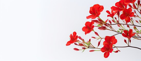 Poster - A stunning red Delonix regia flower stands out against a plain white backdrop in a copy space image.