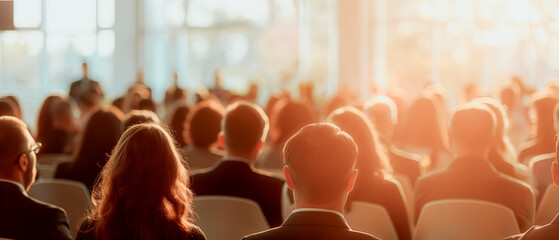 Poster - Audience at a conference with speaker, realistic style, bright light background, concept of business gathering. Generative AI