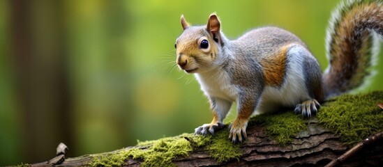 Poster - Squirrel with grey fur perched on a tree trunk with copy space image.