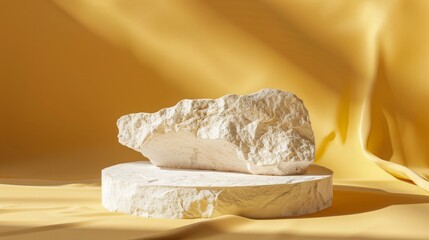 Poster - A jagged stone is showcased on a round marble pedestal, bathed in intense sunlight, with a backdrop of yellow draped fabric.