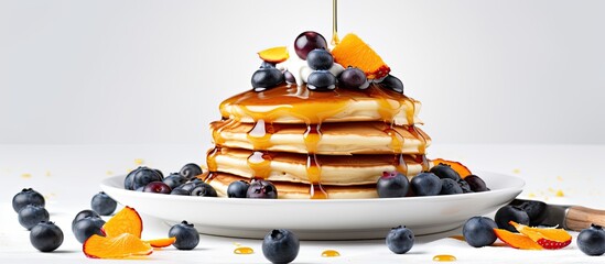 Aufkleber - Pancakes topped with apricot jam and blueberries on a white backdrop with copy space image.