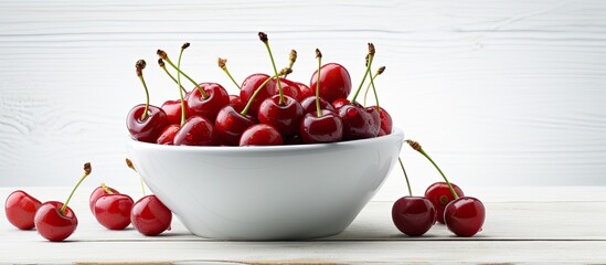 Poster - Cherries in a bowl on a white wooden table with empty space for writing or images. with copy space image. Place for adding text or design