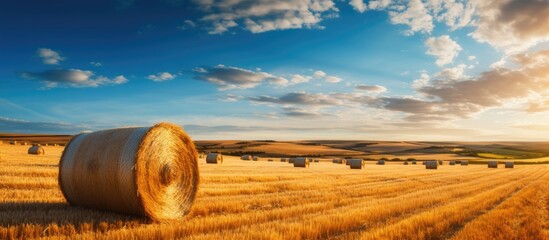 Aufkleber - After harvesting, golden wheat fields with straw bales make a beautiful countryside scene with a stunning setting for a copy space image.