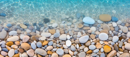 Poster - Close-up of smooth beach pebbles under clear water on the sand, creating a natural and tranquil vacation-themed copy space image.