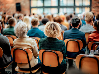 Poster - Audience members seated, viewing a presentation, with a brick wall in the background, illustrating a concept of engagement. Generative AI