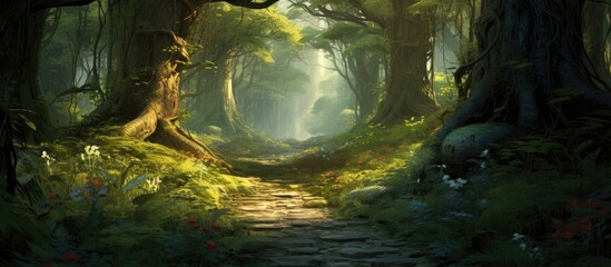 Wall Mural - The forest path is lined with dense foliage, providing a picturesque environment with abundant natural beauty and a tranquil ambiance perfect for a copy space image.