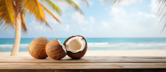 Poster - Wooden table set against a blurry beach background with a coconut tree - Vacant for showcasing products in a summery beach setting. Contains copy space image.