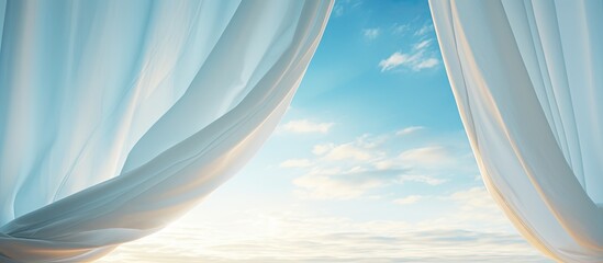 Poster - The window is open, allowing the wind to blow the curtain as the sun shines through, with a blue sky background perfect for a copy space image.