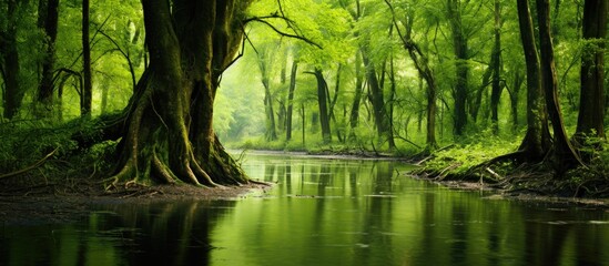 Wall Mural - In spring, a lush swamp tree grows freely, offering a natural setting with ample copy space image.