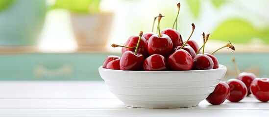 Aufkleber - Cherries in a bowl on a white wooden table with empty space for writing or images. with copy space image. Place for adding text or design