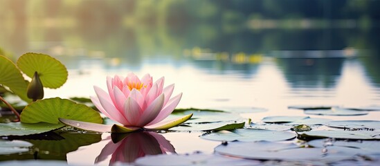 Pink water lily in a pond with a river coast and plant in the background, creating a serene and picturesque scene for a copy space image.