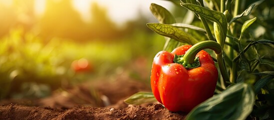 Poster - Close-up shot of a ripe red orange pepper amid a rural garden, with the bright sun in the background and soil scattered on it, indicating a homegrown organic vegetable, with copy space image.