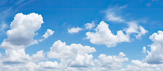 a picturesque summer day with a clear blue sky filled with fluffy white clouds, perfect for a copy s