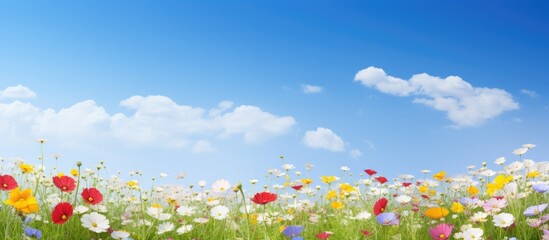 Aufkleber - Spring flower field with a clear blue sky in the background, providing a picturesque copy space image.