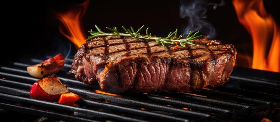 Fototapete - Grilled meat with a juicy texture and cooked evenly on the grill, providing an appetizing copy space image.