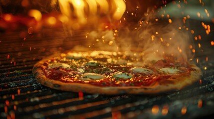 Close-up of a wood-fired pizza cooking with flames and embers, capturing the rustic atmosphere and vibrant colors.