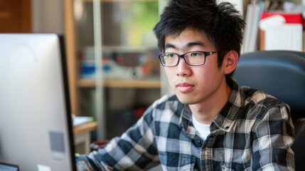 Poster - A young man in a plaid shirt sits at a desk in front of a computer screen