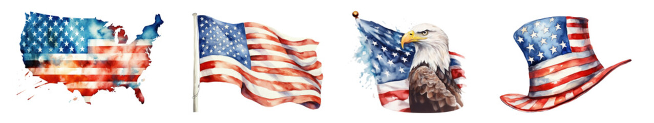 Poster - Watercolor painting of USA flag png element set on transparent background