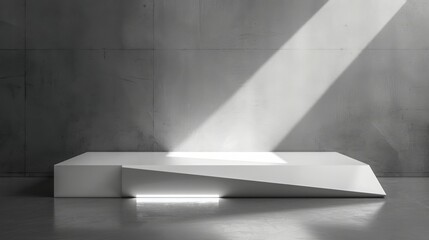 Leinwandbilder - A striking piece of white minimalist sculpture art, illuminated by a focused sunbeam, is displayed in a modern gallery with gray walls at midday.