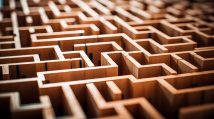 close-up of a maze made of wood blocks