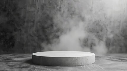 Poster - A circular stone pedestal stands in front of a foggy, dark gray background. Gentle evening light casts subtle shadows and highlights the scene.