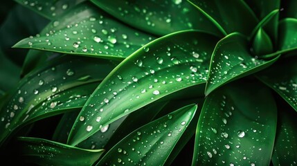 Poster - Close-up of vibrant green leaves with dew drops, showcasing natural beauty and freshness. Perfect for nature and botanical themes.