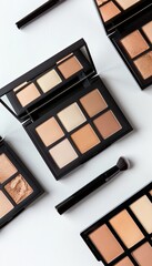 Poster - A close-up of various makeup palettes and highlighters, neatly arranged on a light background. Generative AI