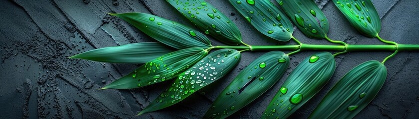 Poster - Lush green leaves with water droplets on a wet surface, showcasing nature's beauty and freshness in a detailed close-up shot.